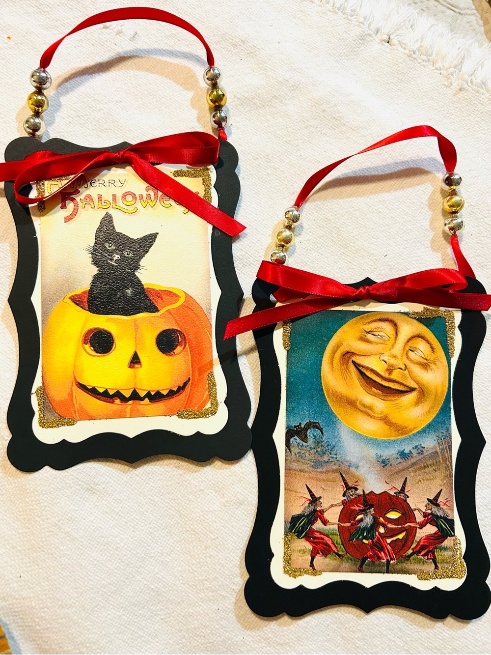 Vintage repurposed Holiday Halloween postcard hanging decorations